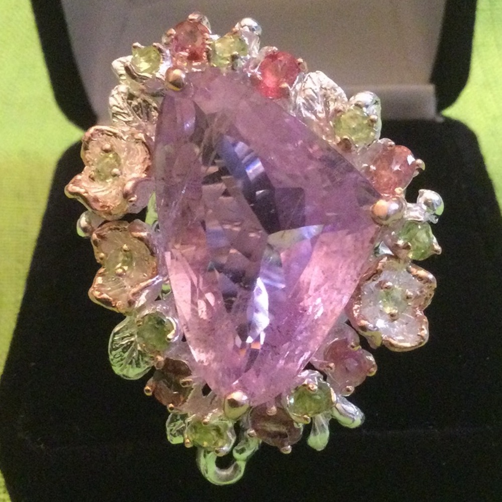 Magnificent Huge Genuine Kunzite & Tourmaline Ring, Rare Dreamscape Facet - Picture 1 of 12